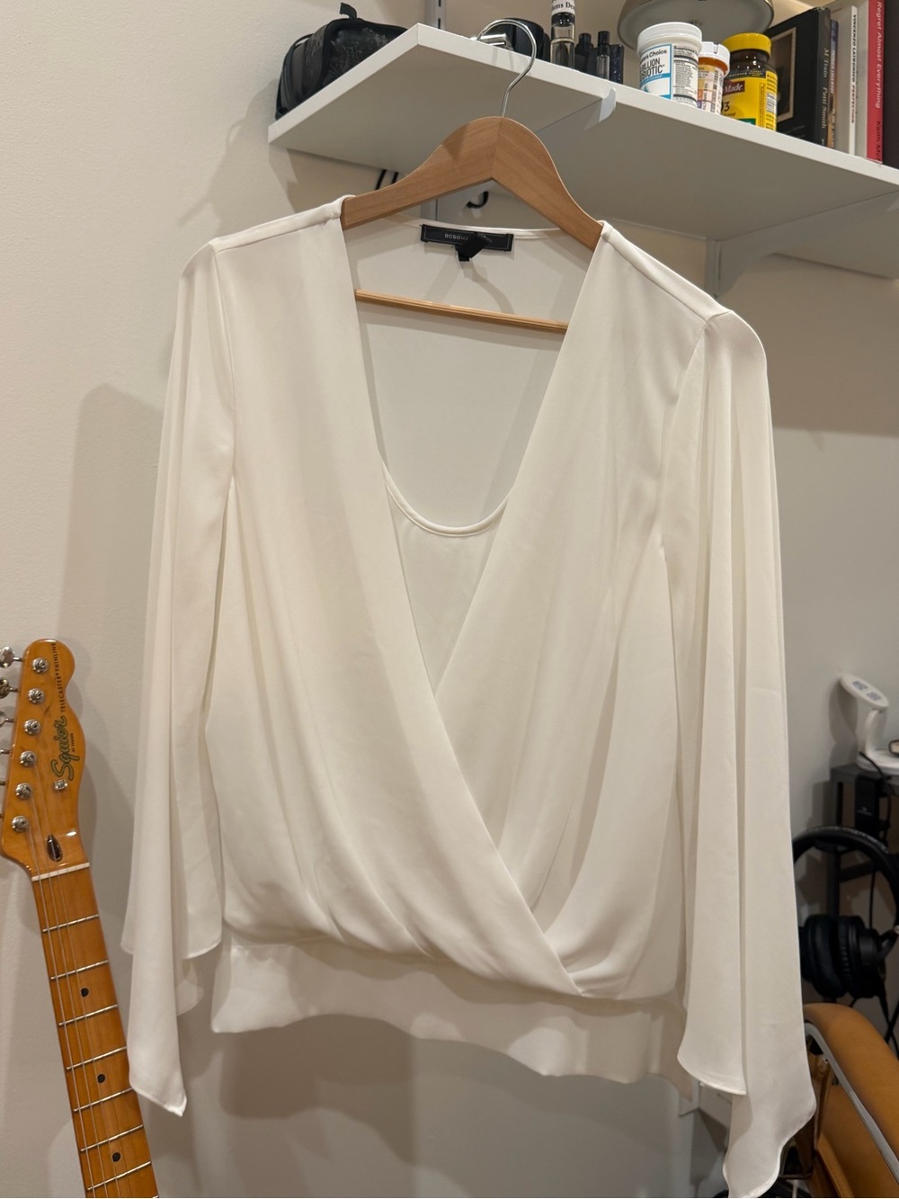 BCBG Cream Surplice Blouse with Draped Front